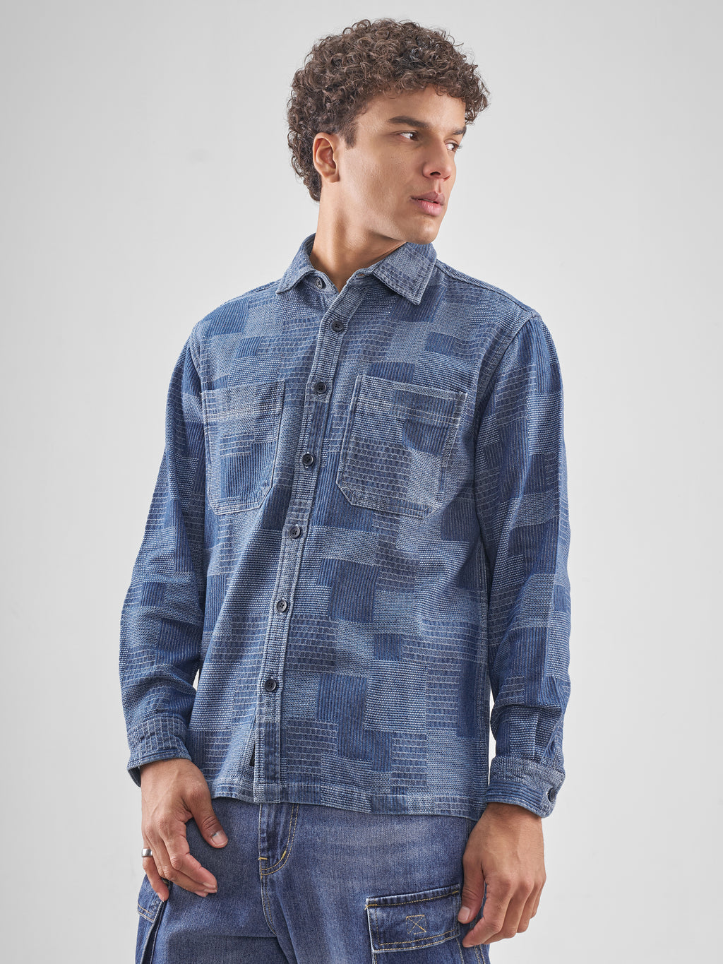 Locomotive Men Blue Self Design Relaxed Fit Casual Shirt - Blue - Image 4