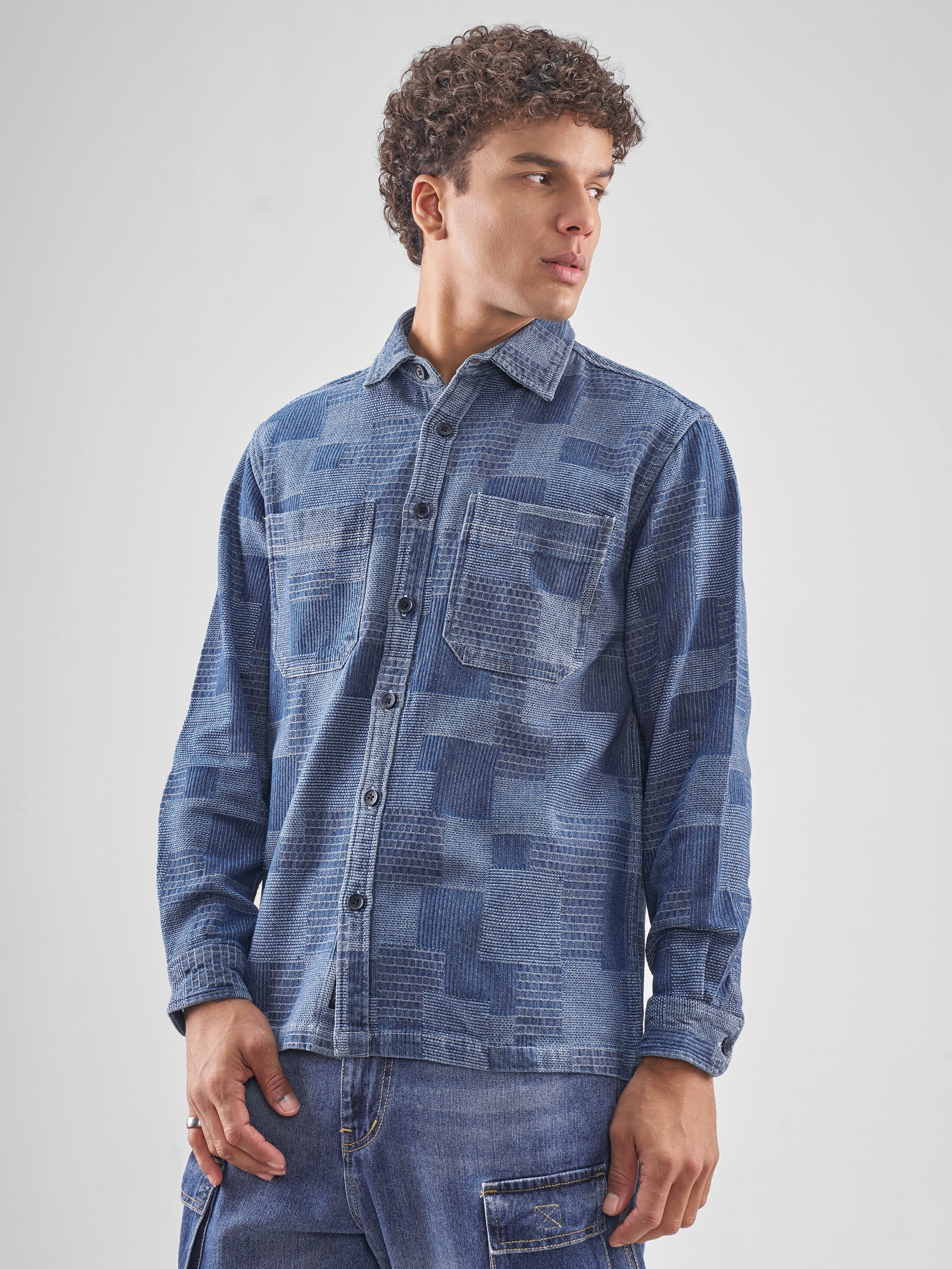 Locomotive Men Blue Self Design Relaxed Fit Casual Shirt - Blue - Image 4