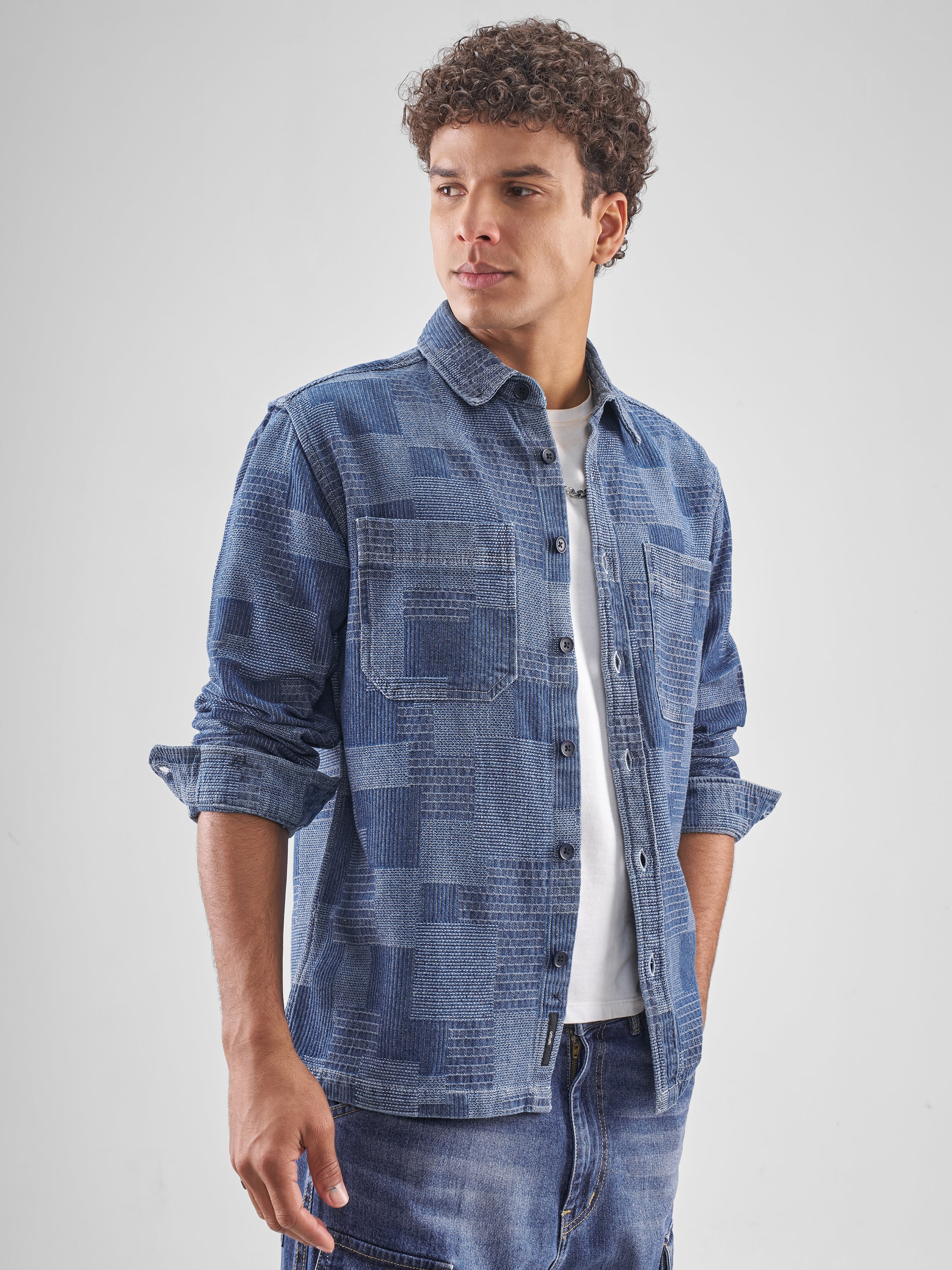 Locomotive Men Blue Self Design Relaxed Fit Casual Shirt - Blue - Image 6