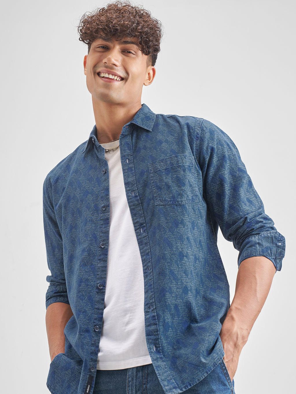 Locomotive Men Blue Self Design Slim Fit Casual Shirt - Blue - Image 1
