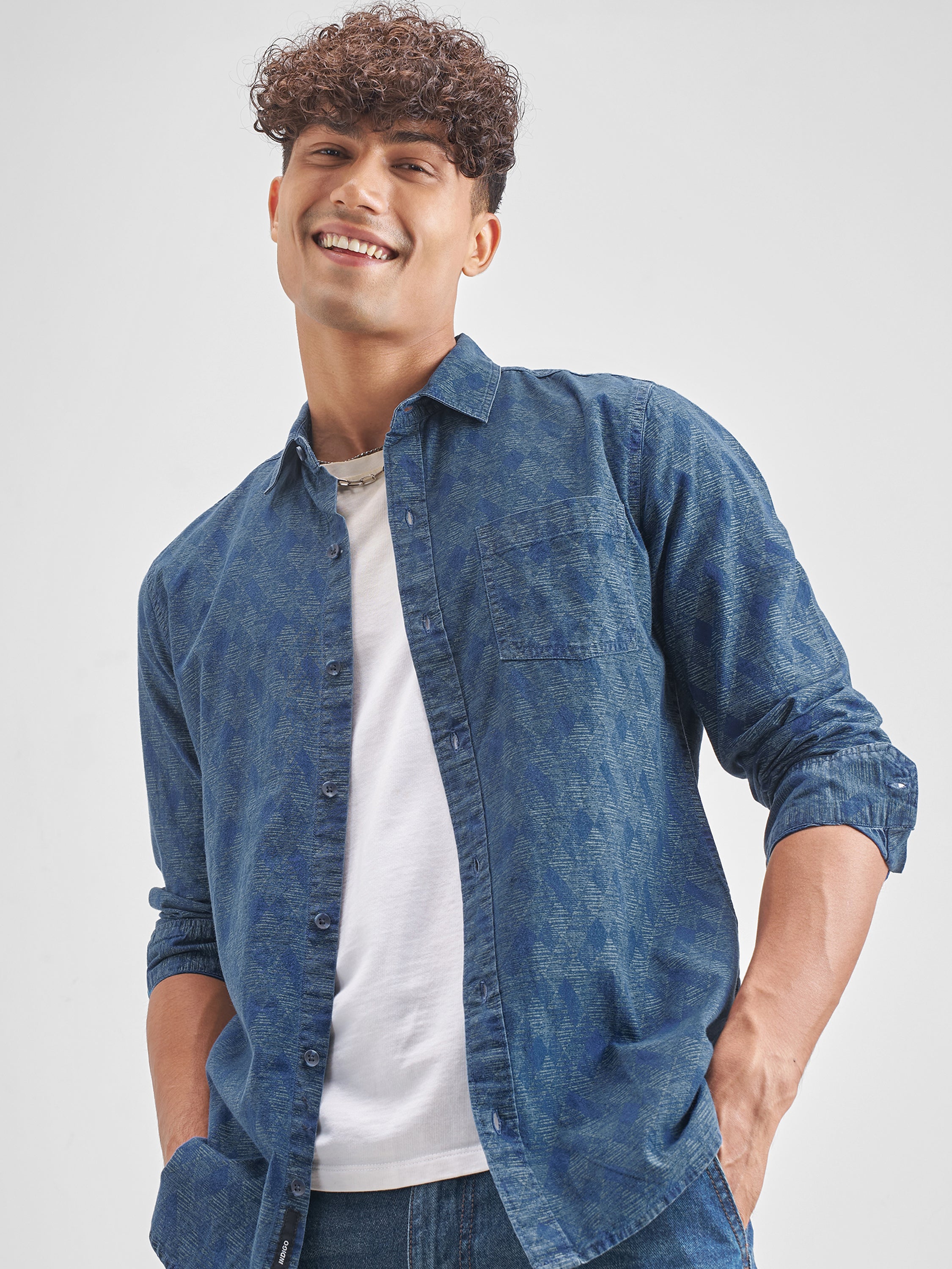 Locomotive Men Blue Self Design Slim Fit Casual Shirt - Blue - Image 1