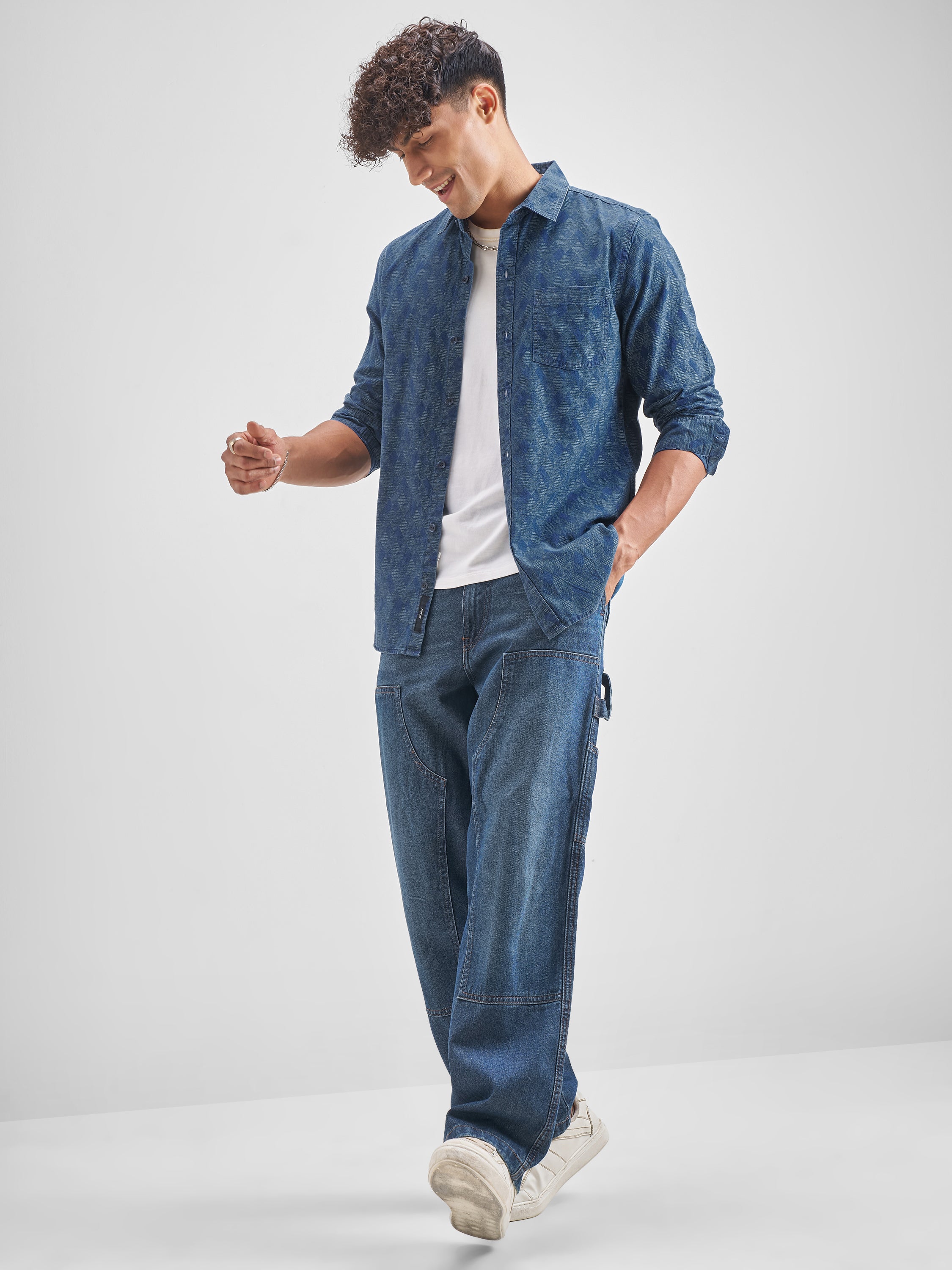 Locomotive Men Blue Self Design Slim Fit Casual Shirt - Blue - Image 2