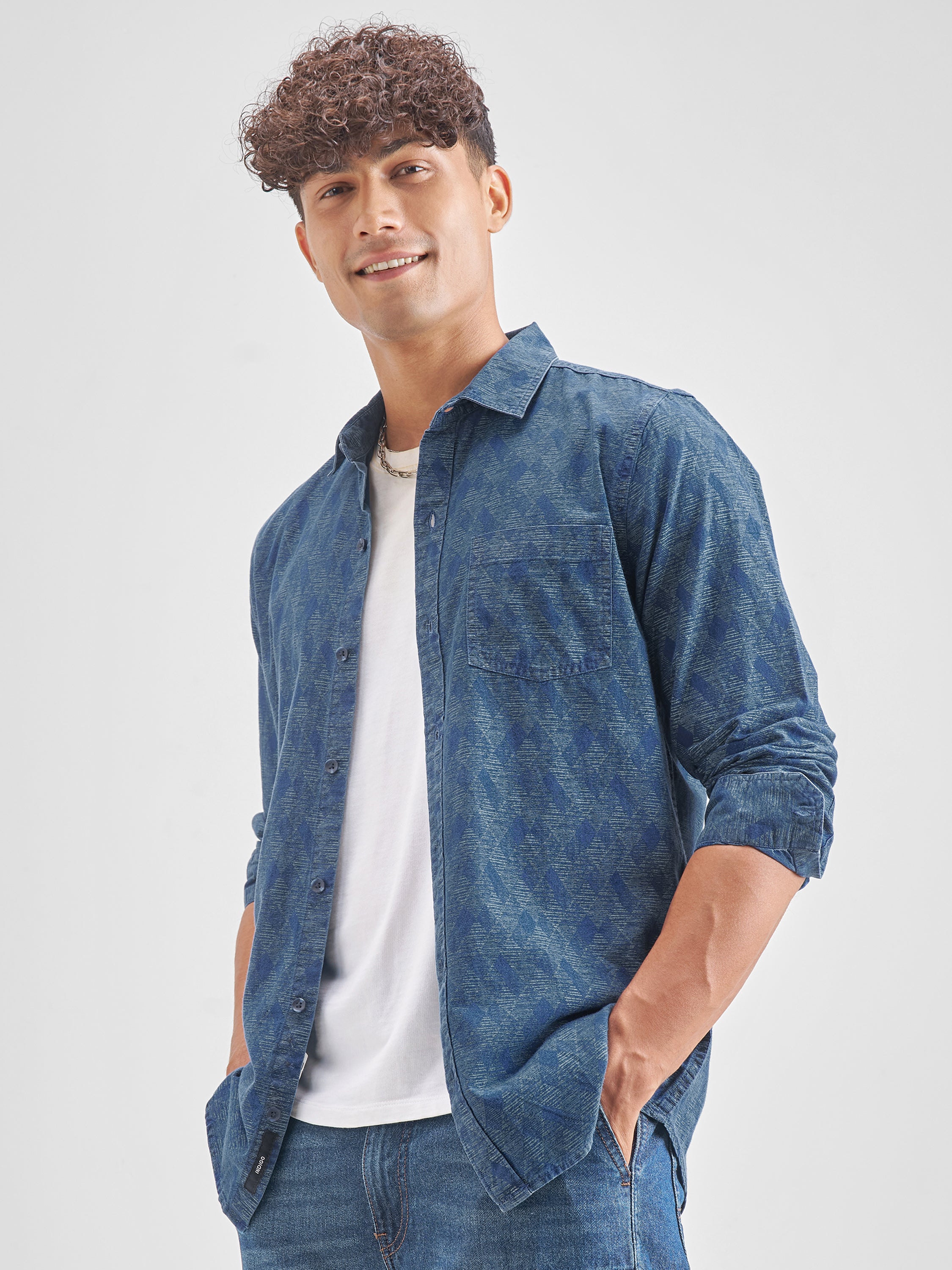 Locomotive Men Blue Self Design Slim Fit Casual Shirt - Blue - Image 4