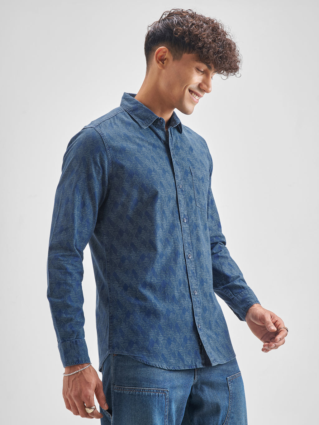 Locomotive Men Blue Self Design Slim Fit Casual Shirt - Blue - Image 6