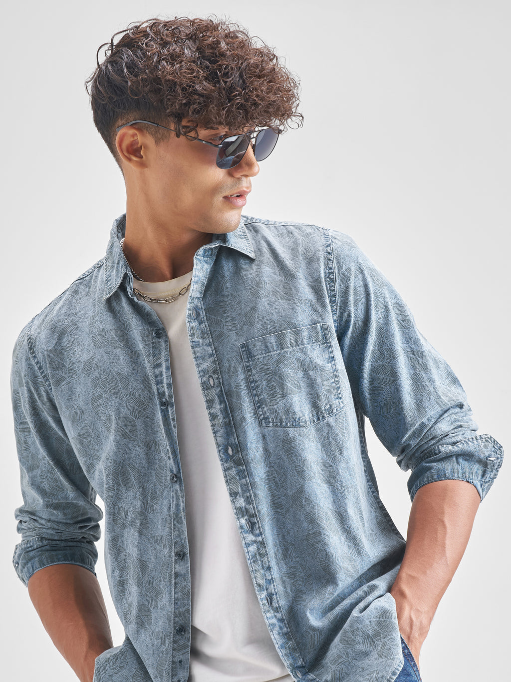 Locomotive Men Blue Self Design Slim Fit Casual Shirt - Blue - Image 1