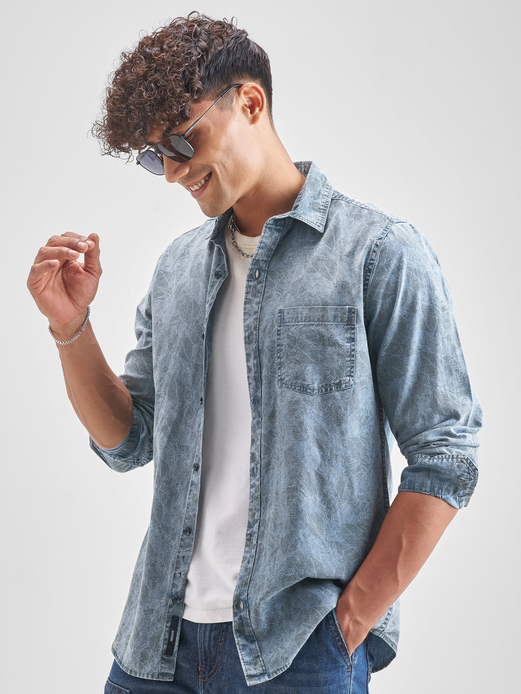 Locomotive Men Blue Self Design Slim Fit Casual Shirt - Blue - Image 4