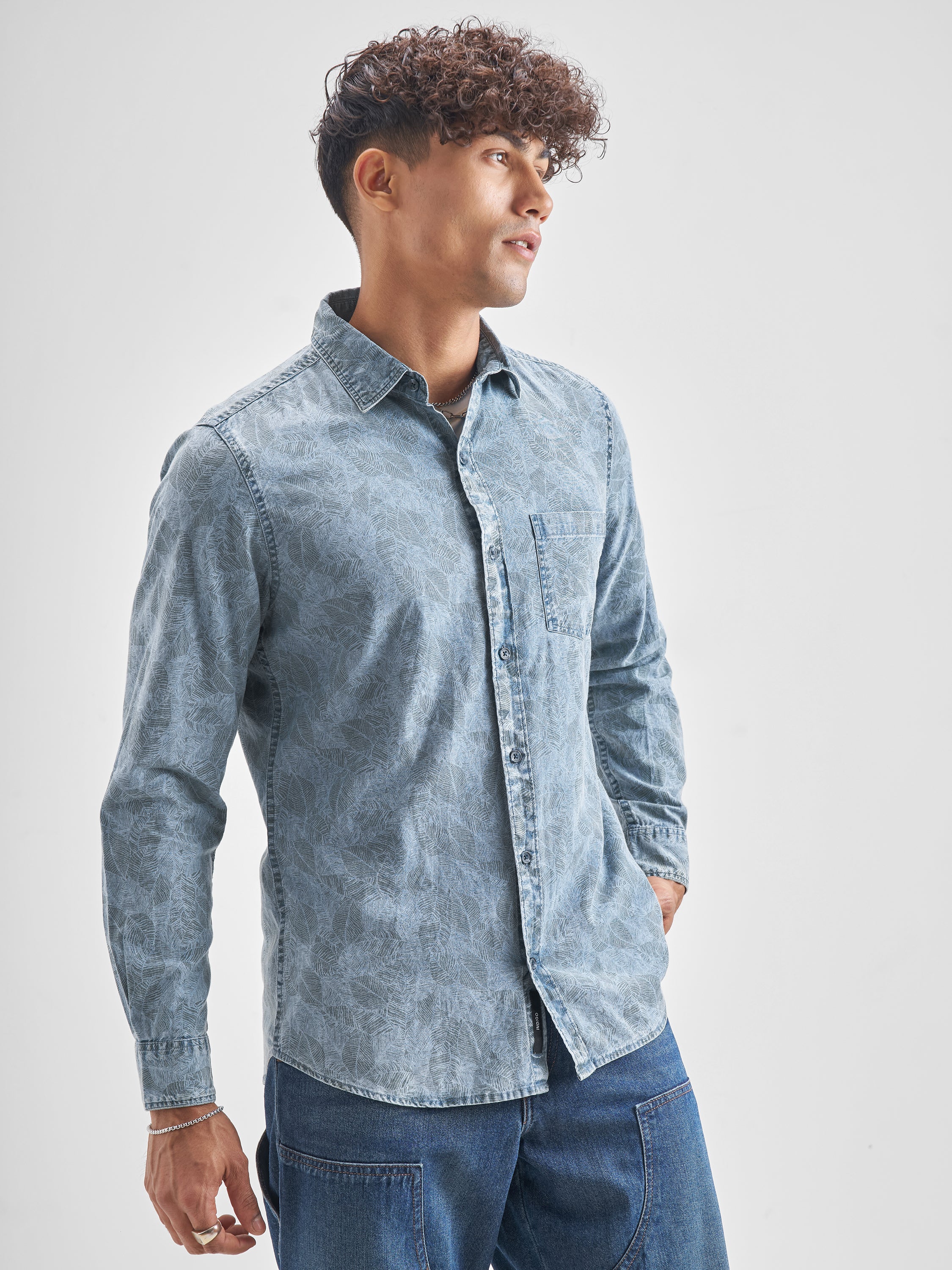 Locomotive Men Blue Self Design Slim Fit Casual Shirt - Blue - Image 6
