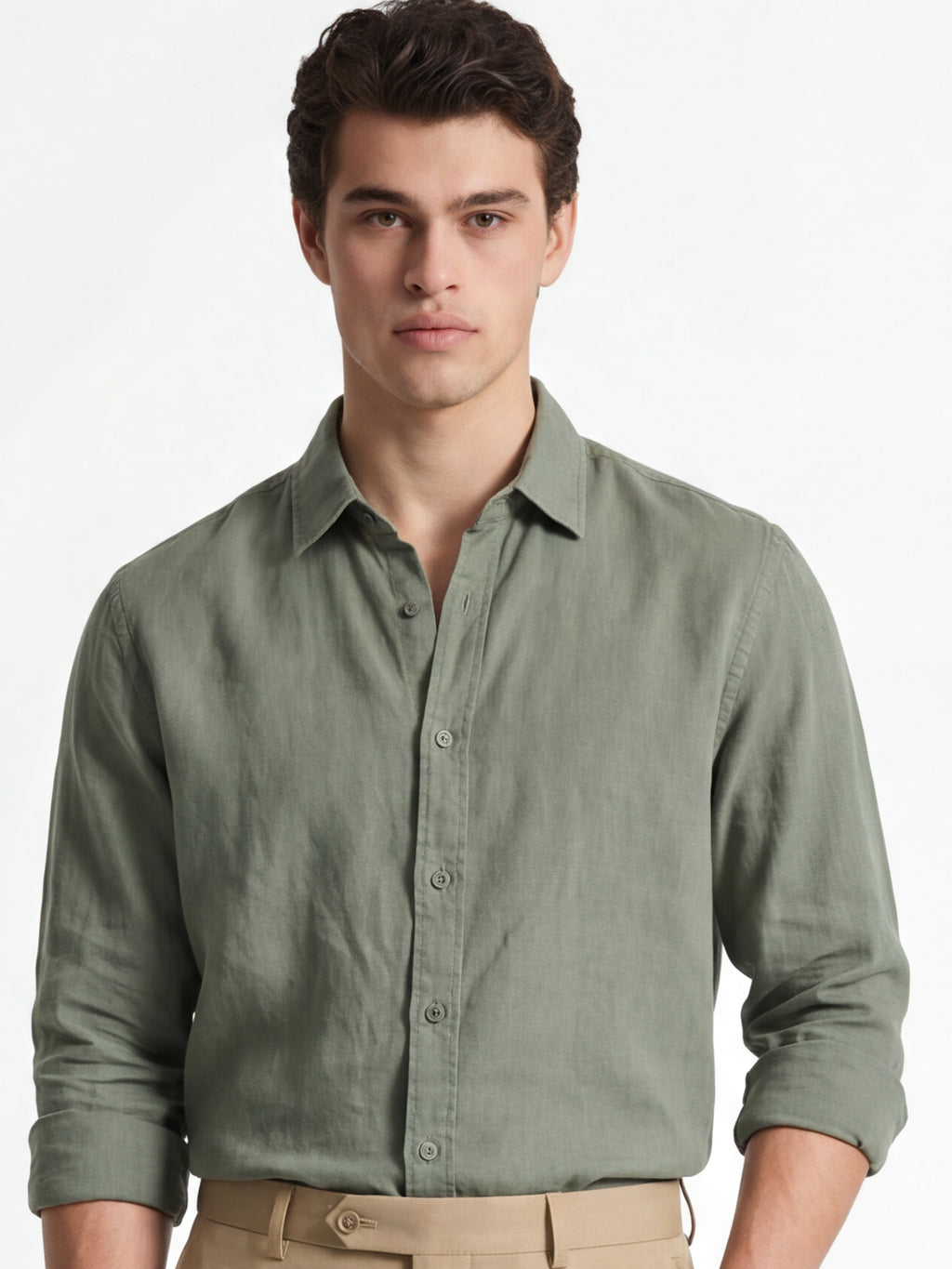Locomotive Men Olive Solid Slim Fit Casual Shirt - Olive - Image 1