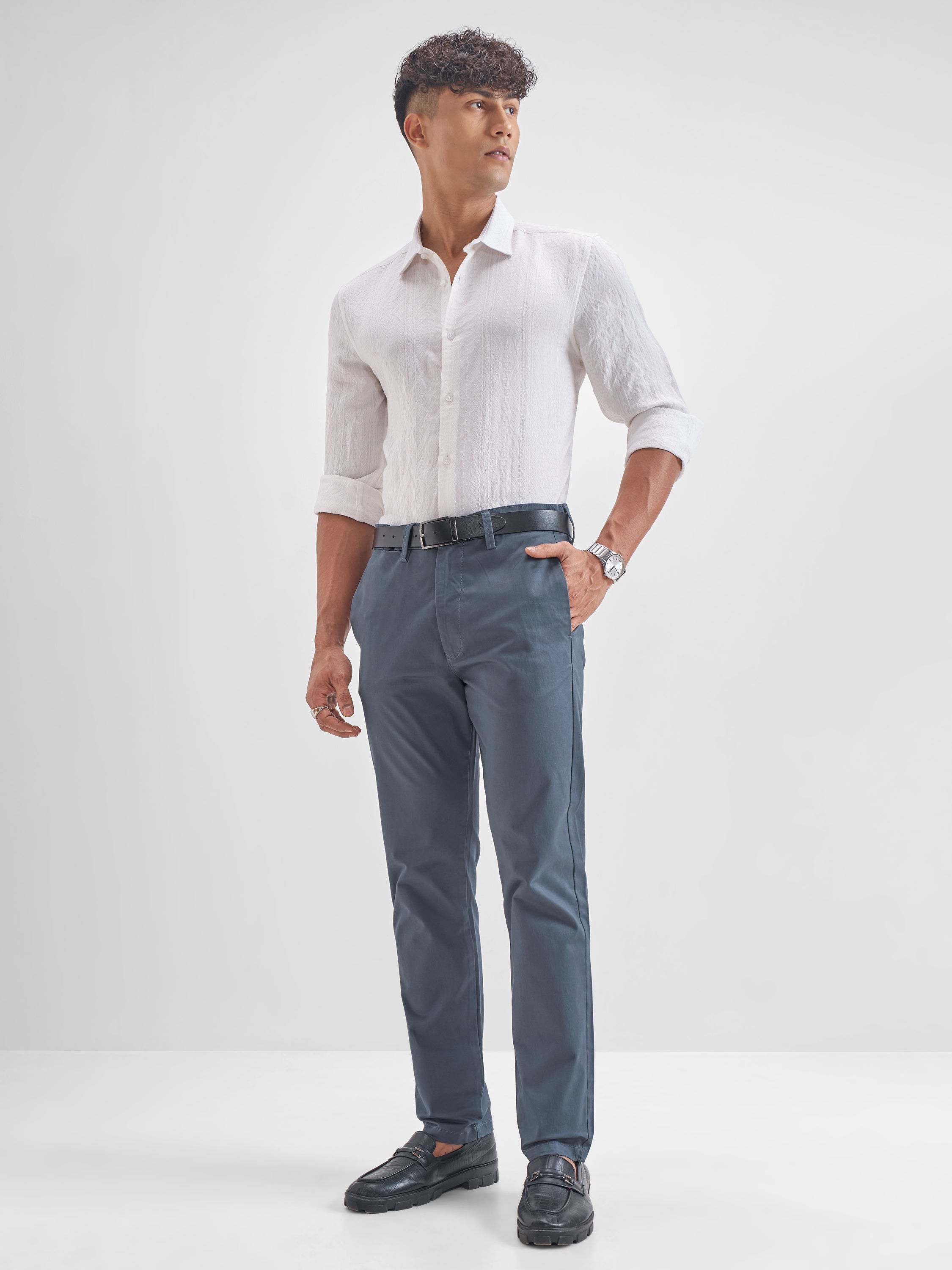 Locomotive Men Navy Blue Regular Fit Solid Chinos - Navy Blue - Image 2