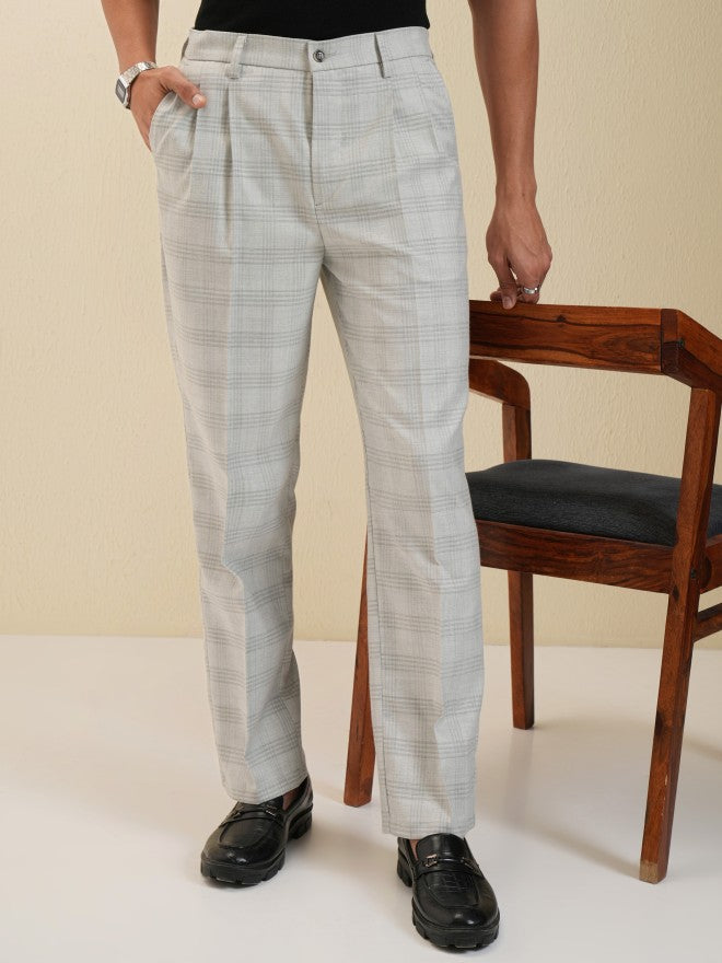 Locomotive Men Grey Regular Fit Checked Formal Trousers - Grey - Image 1