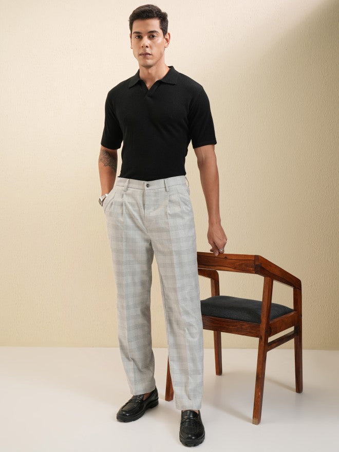 Locomotive Men Grey Regular Fit Checked Formal Trousers - Grey - Image 2
