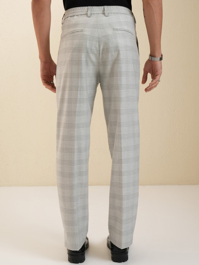 Locomotive Men Grey Regular Fit Checked Formal Trousers - Grey - Image 3