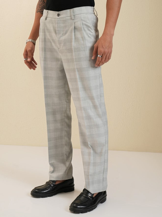 Locomotive Men Grey Regular Fit Checked Formal Trousers - Grey - Image 4