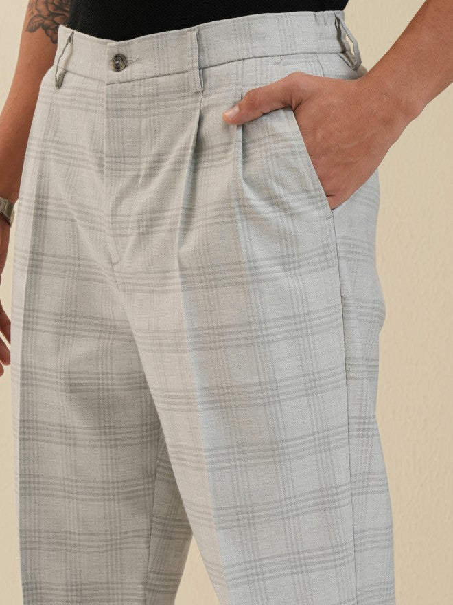 Locomotive Men Grey Regular Fit Checked Formal Trousers - Grey - Image 5