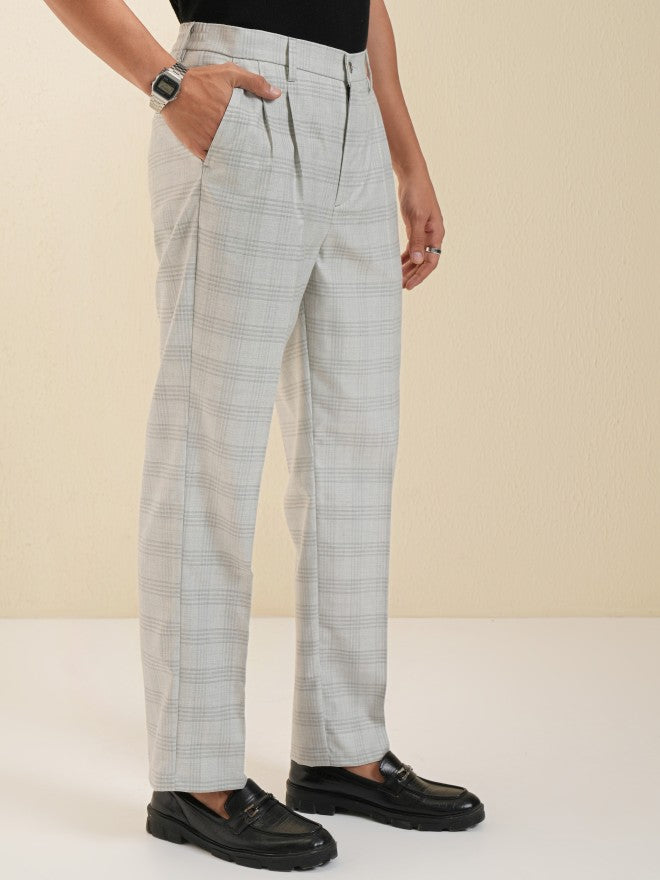 Locomotive Men Grey Regular Fit Checked Formal Trousers - Grey - Image 6