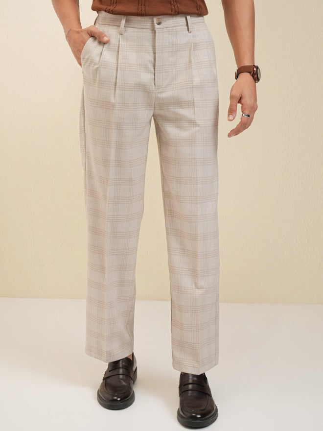Locomotive Men Beige Regular Fit Checked Formal Trouser - Beige - Image 1