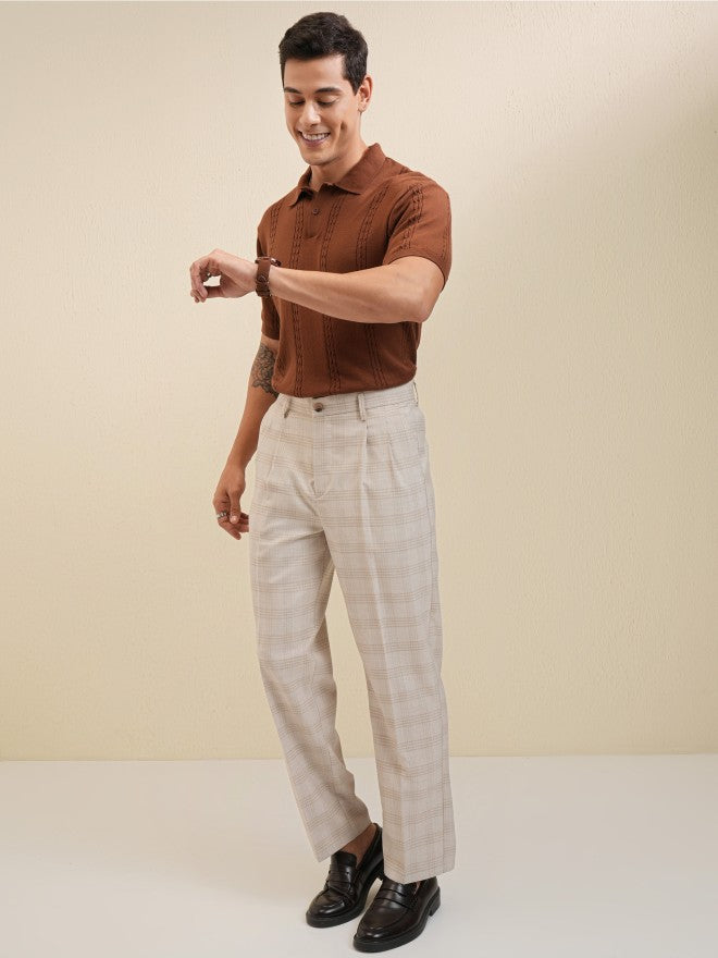 Locomotive Men Beige Regular Fit Checked Formal Trouser - Beige - Image 2