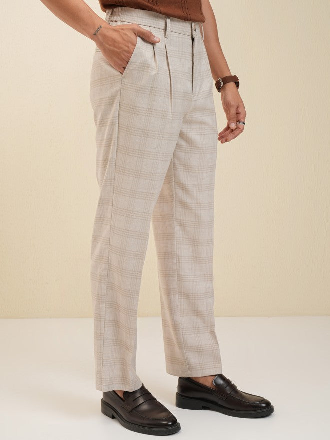 Locomotive Men Beige Regular Fit Checked Formal Trouser - Beige - Image 6