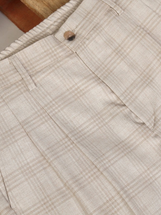 Locomotive Men Beige Regular Fit Checked Formal Trouser - Beige - Image 7