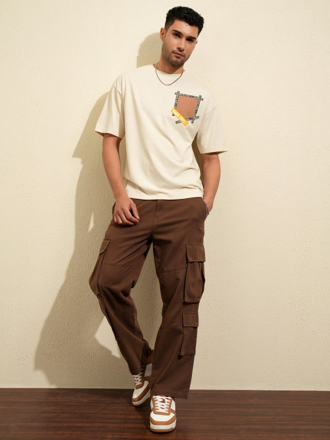 Locomotive Men Cream Printed Round Neck Oversized Fit T-Shirt - Cream - Image 2