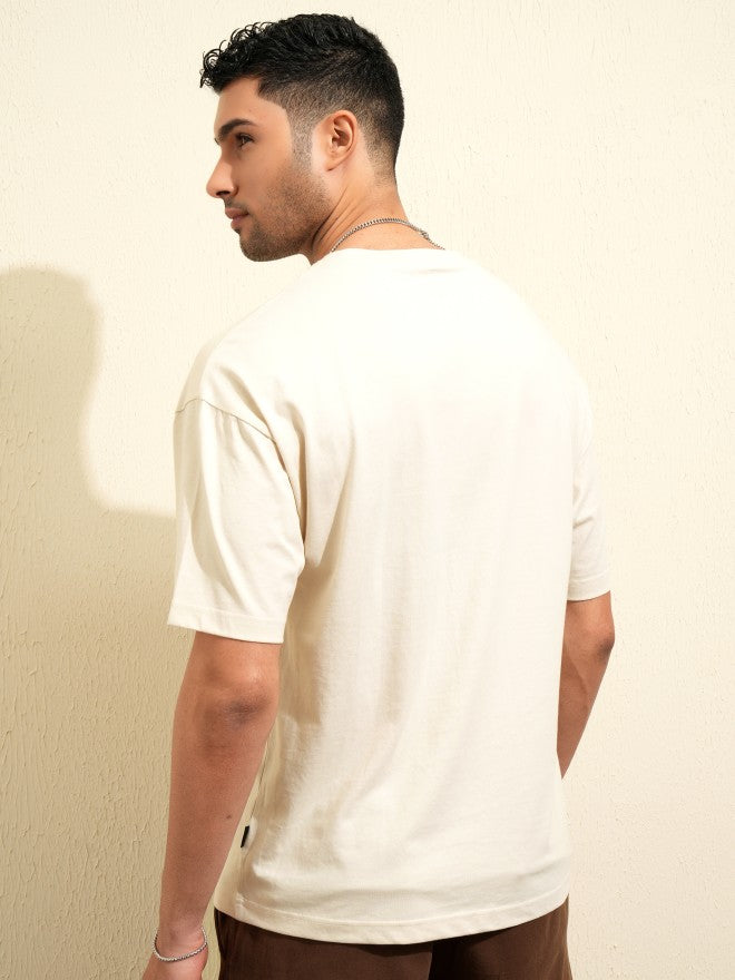 Locomotive Men Cream Printed Round Neck Oversized Fit T-Shirt - Cream - Image 3