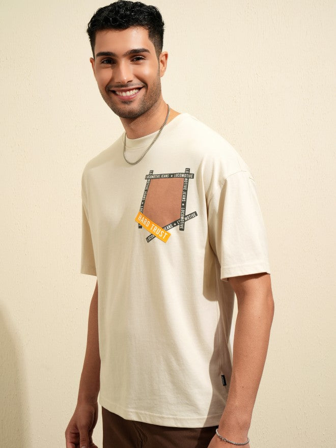 Locomotive Men Cream Printed Round Neck Oversized Fit T-Shirt - Cream - Image 4