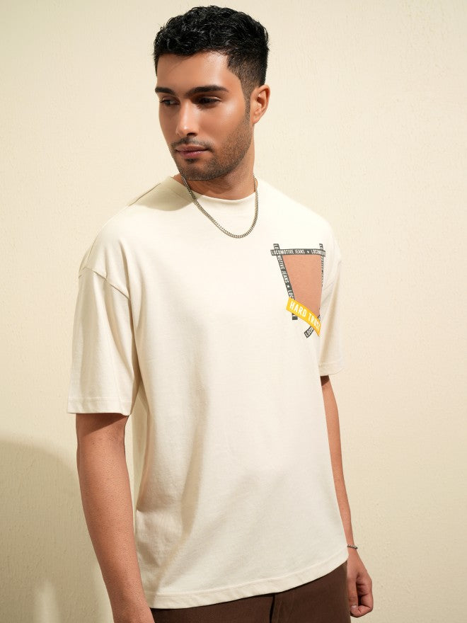 Locomotive Men Cream Printed Round Neck Oversized Fit T-Shirt - Cream - Image 6