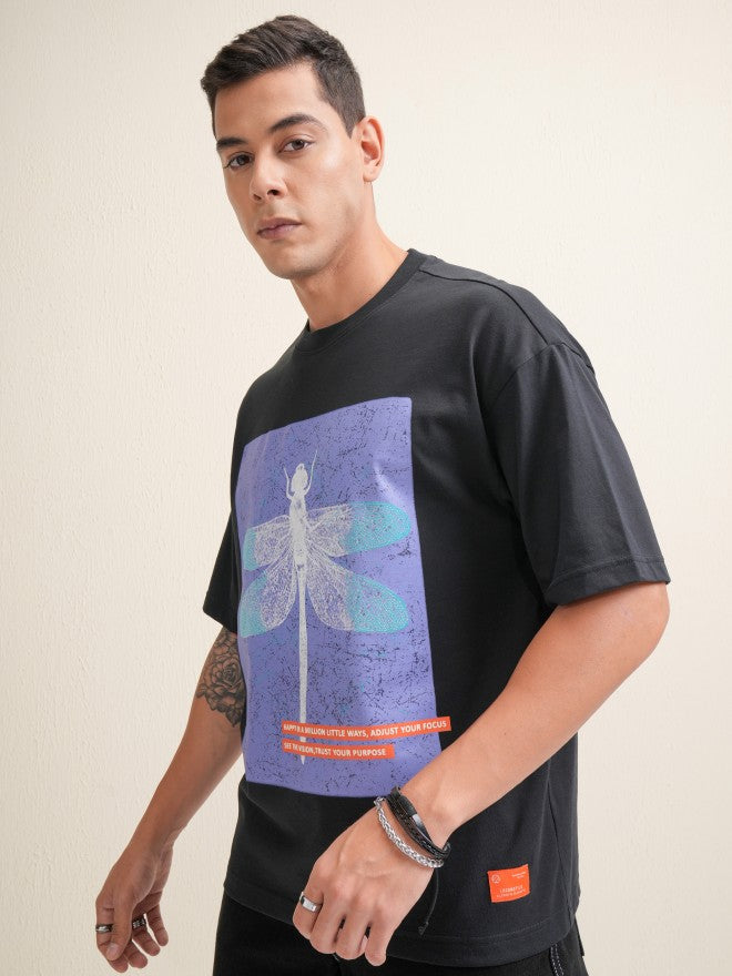 Locomotive Men Black Printed Round Neck Oversized Fit T-Shirt - Black - Image 4