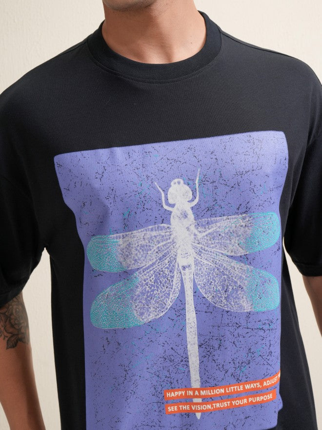 Locomotive Men Black Printed Round Neck Oversized Fit T-Shirt - Black - Image 5