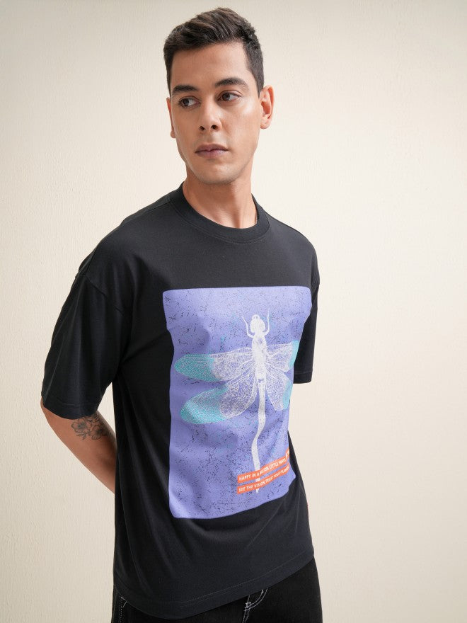 Locomotive Men Black Printed Round Neck Oversized Fit T-Shirt - Black - Image 6