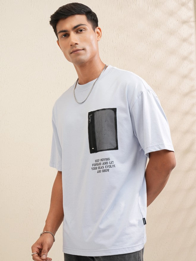Locomotive Men Blue Printed Round Neck Oversized Fit T-Shirt - Grey - Image 3