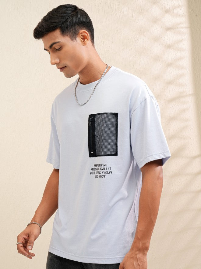 Locomotive Men Blue Printed Round Neck Oversized Fit T-Shirt - Grey - Image 6