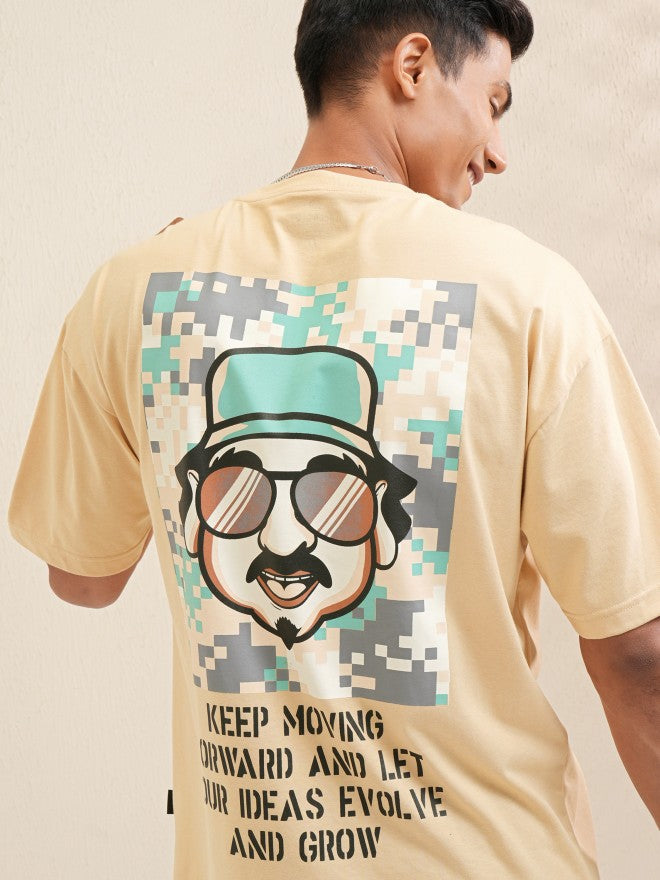 Locomotive Men Beige Printed Round Neck Oversized Fit T-Shirt - Beige - Image 1