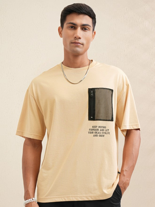 Locomotive Men Beige Printed Round Neck Oversized Fit T-Shirt - Beige - Image 3