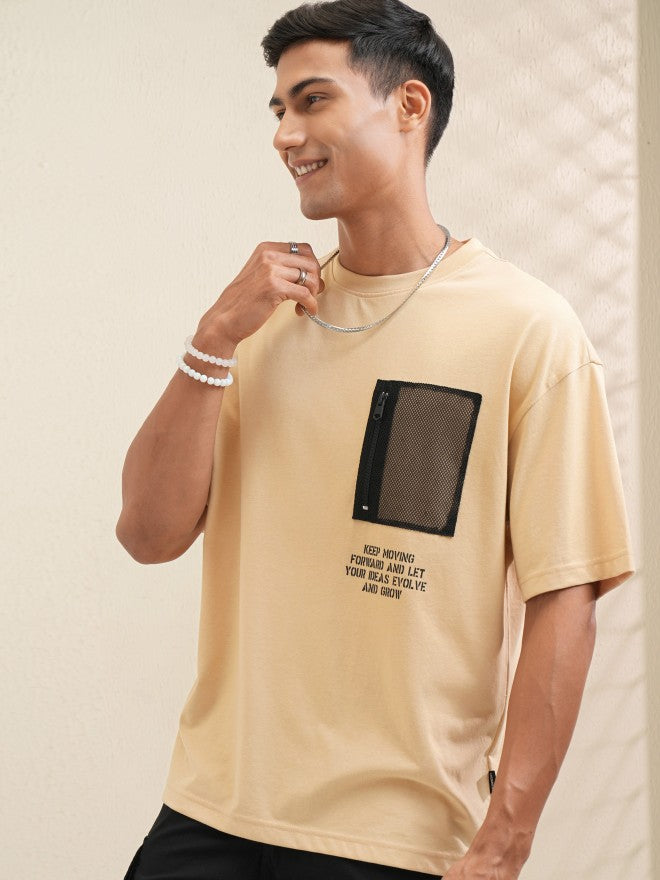 Locomotive Men Beige Printed Round Neck Oversized Fit T-Shirt - Beige - Image 4