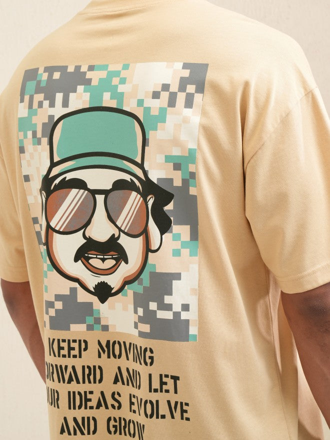 Locomotive Men Beige Printed Round Neck Oversized Fit T-Shirt - Beige - Image 5