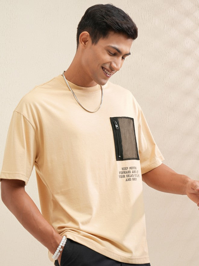 Locomotive Men Beige Printed Round Neck Oversized Fit T-Shirt - Beige - Image 6