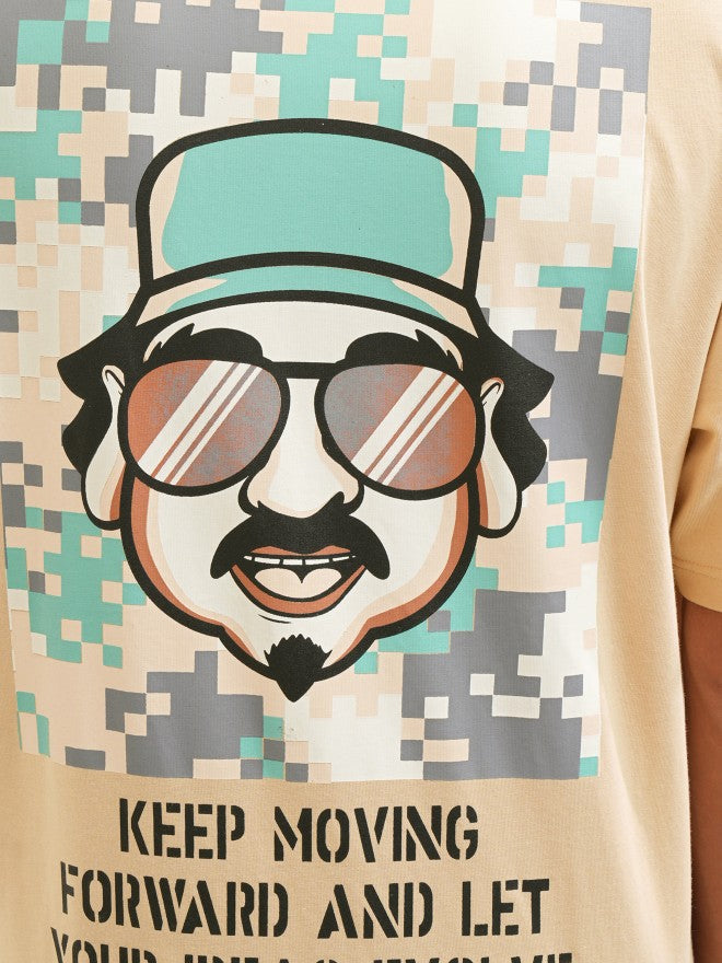 Locomotive Men Beige Printed Round Neck Oversized Fit T-Shirt - Beige - Image 7