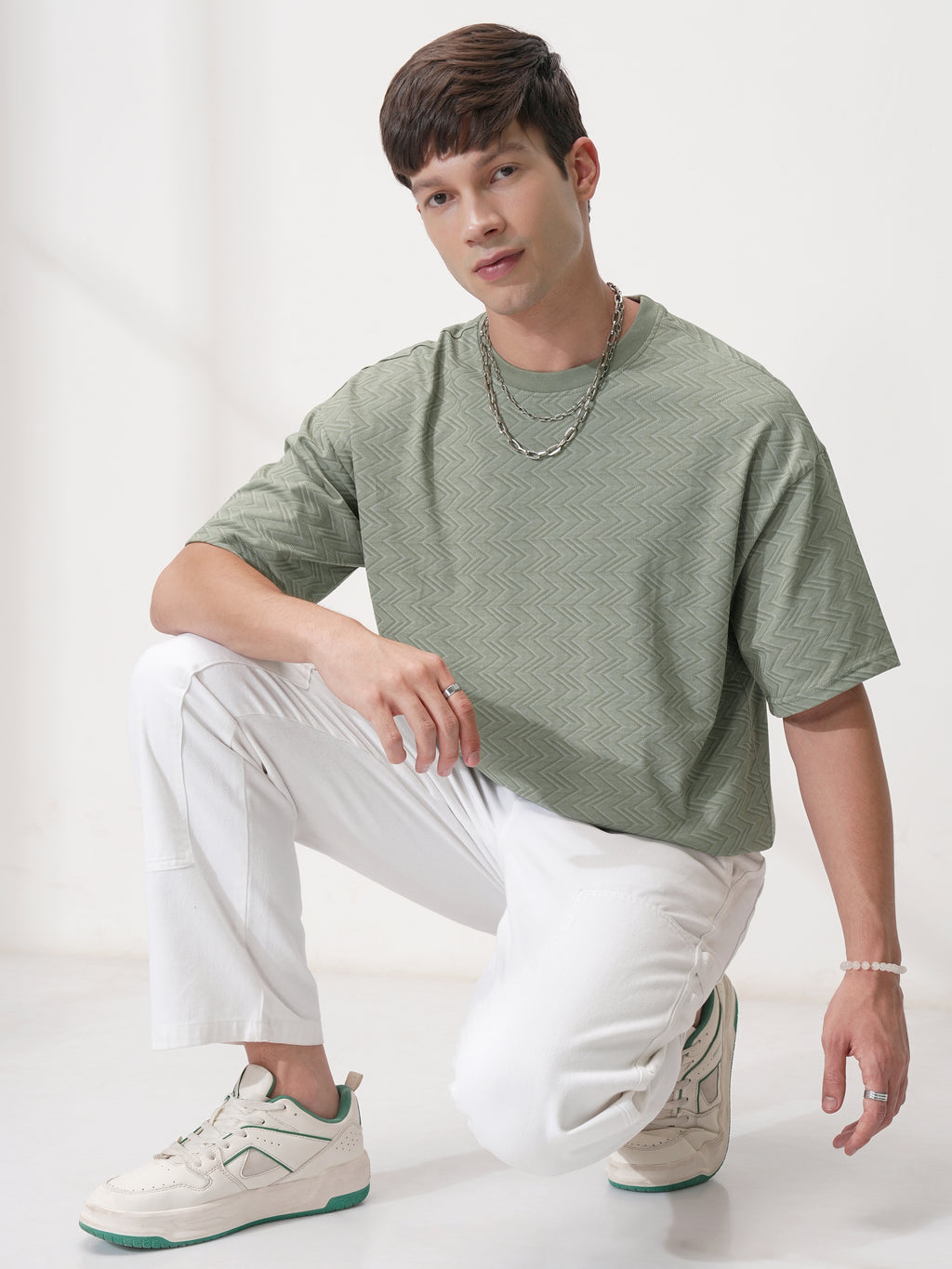 Locomotive Men Olive Self Design Round Neck T-Shirt - Olive - Image 2