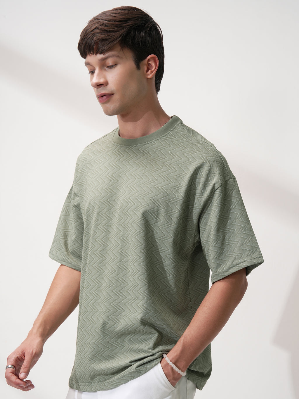 Locomotive Men Olive Self Design Round Neck T-Shirt - Olive - Image 4