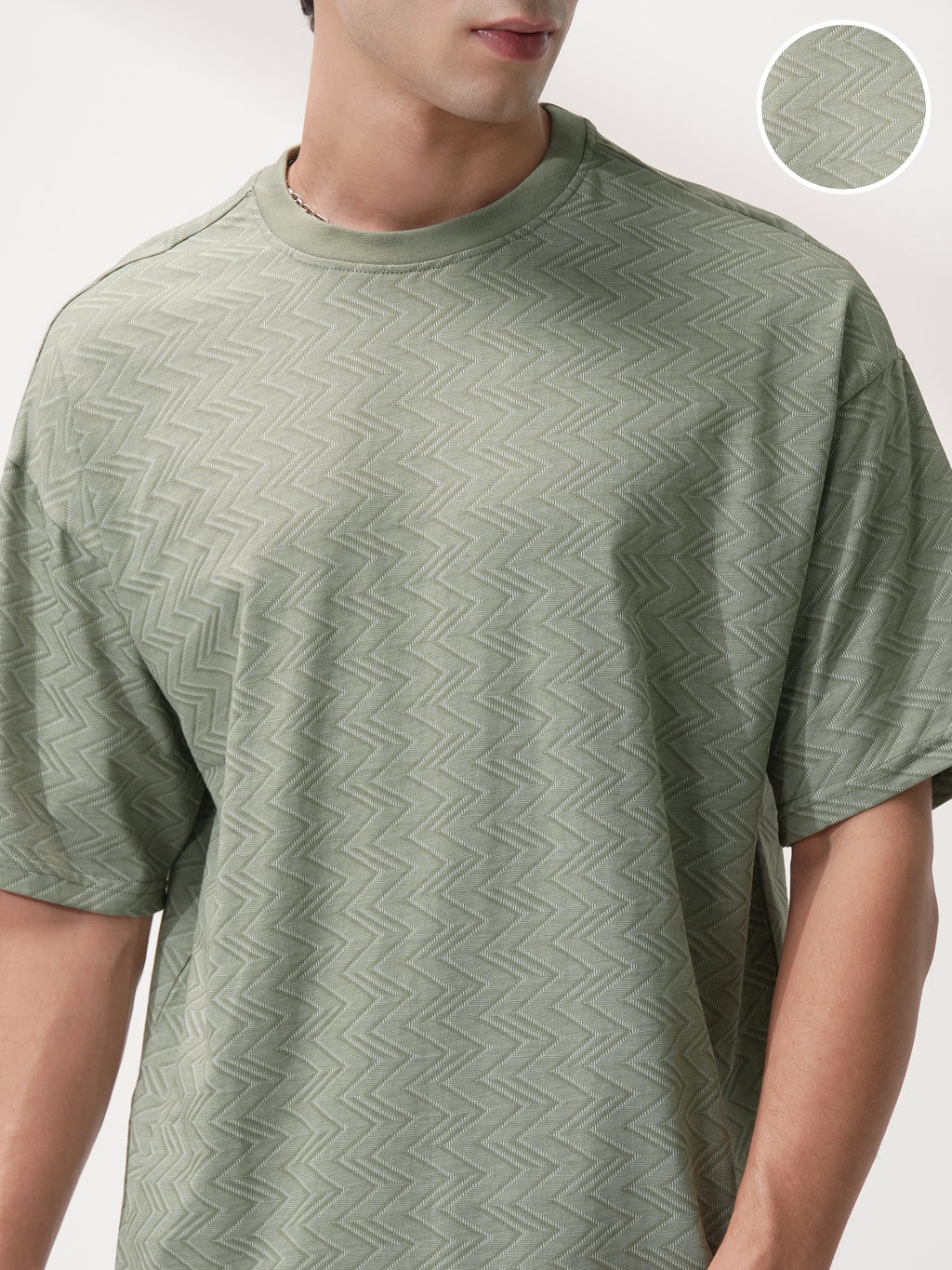 Locomotive Men Olive Self Design Round Neck T-Shirt - Olive - Image 5