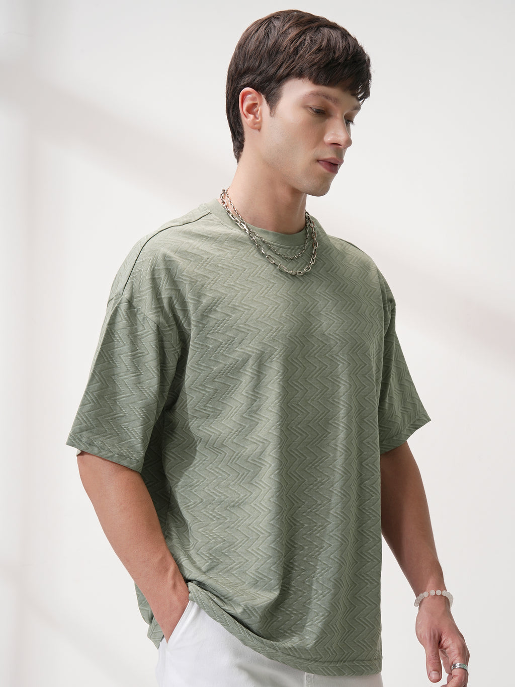 Locomotive Men Olive Self Design Round Neck T-Shirt - Olive - Image 6