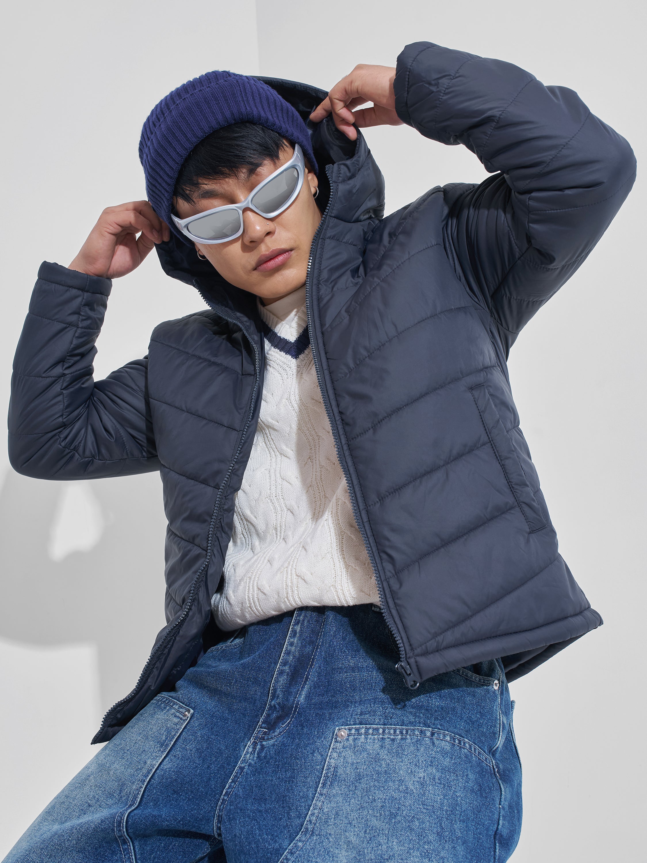 Purple By Highlander Men Navy Blue Solid Puffer Jacket - Navy Blue - Image 1