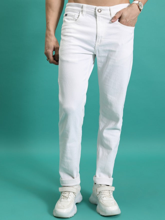 Purple By Highlander Men White Tapered Fit Stretchable Jeans - White - Image 1