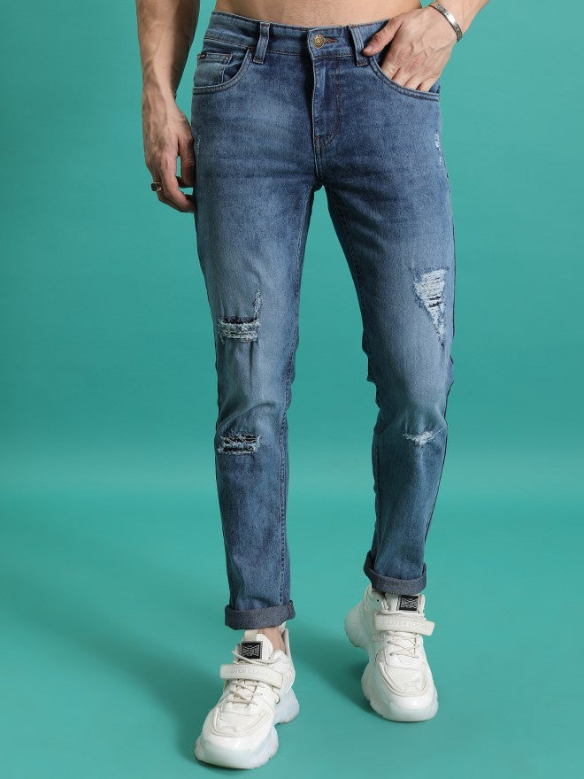 Highlander Men Light Blue Skinny Fit Highly Distressed Stretchable Jeans - Blue - Image 1