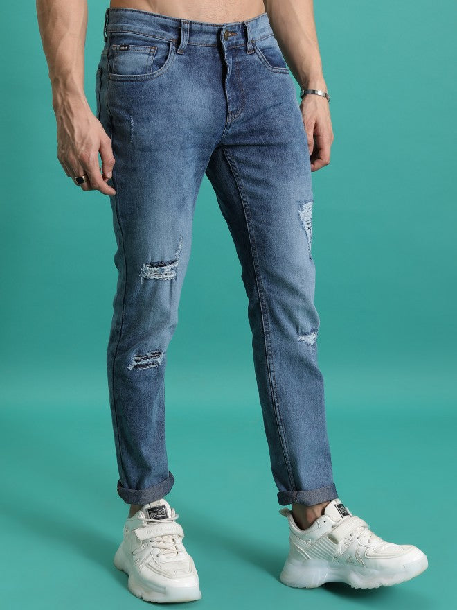 Highlander Men Light Blue Skinny Fit Highly Distressed Stretchable Jeans - Blue - Image 6