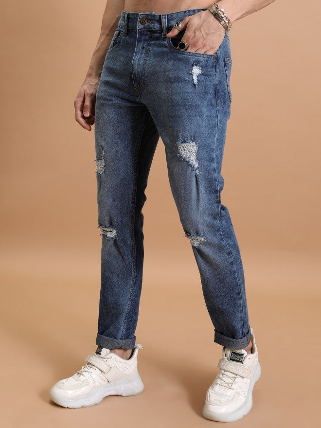 Highlander Men Light Blue Tapered Fit Highly Distressed Stretchable Jeans - Blue - Image 4
