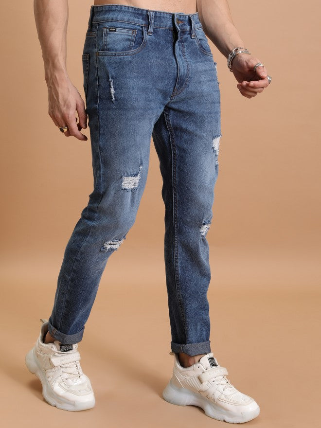 Highlander Men Light Blue Tapered Fit Highly Distressed Stretchable Jeans - Blue - Image 6