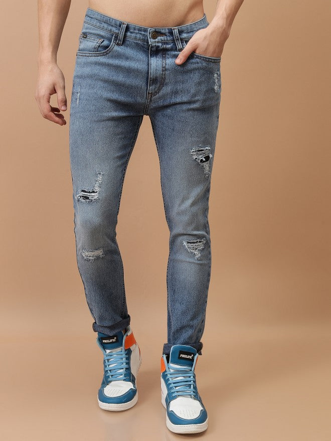 Highlander Men Light Blue Tapered Fit Highly Distressed Stretchable Jeans - Blue - Image 1