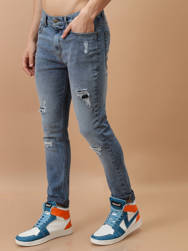 Highlander Men Light Blue Tapered Fit Highly Distressed Stretchable Jeans - Blue - Image 4